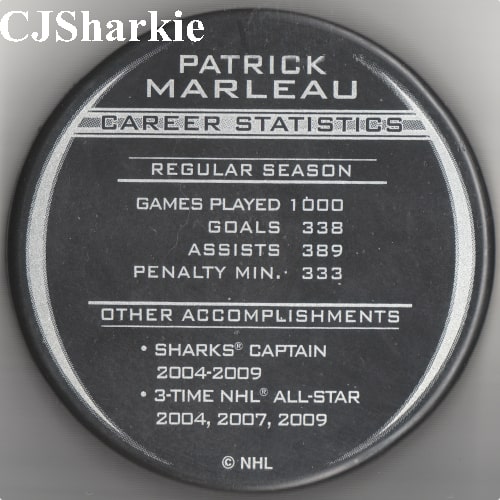 Patrick Marleau 1000 Game Puck back view